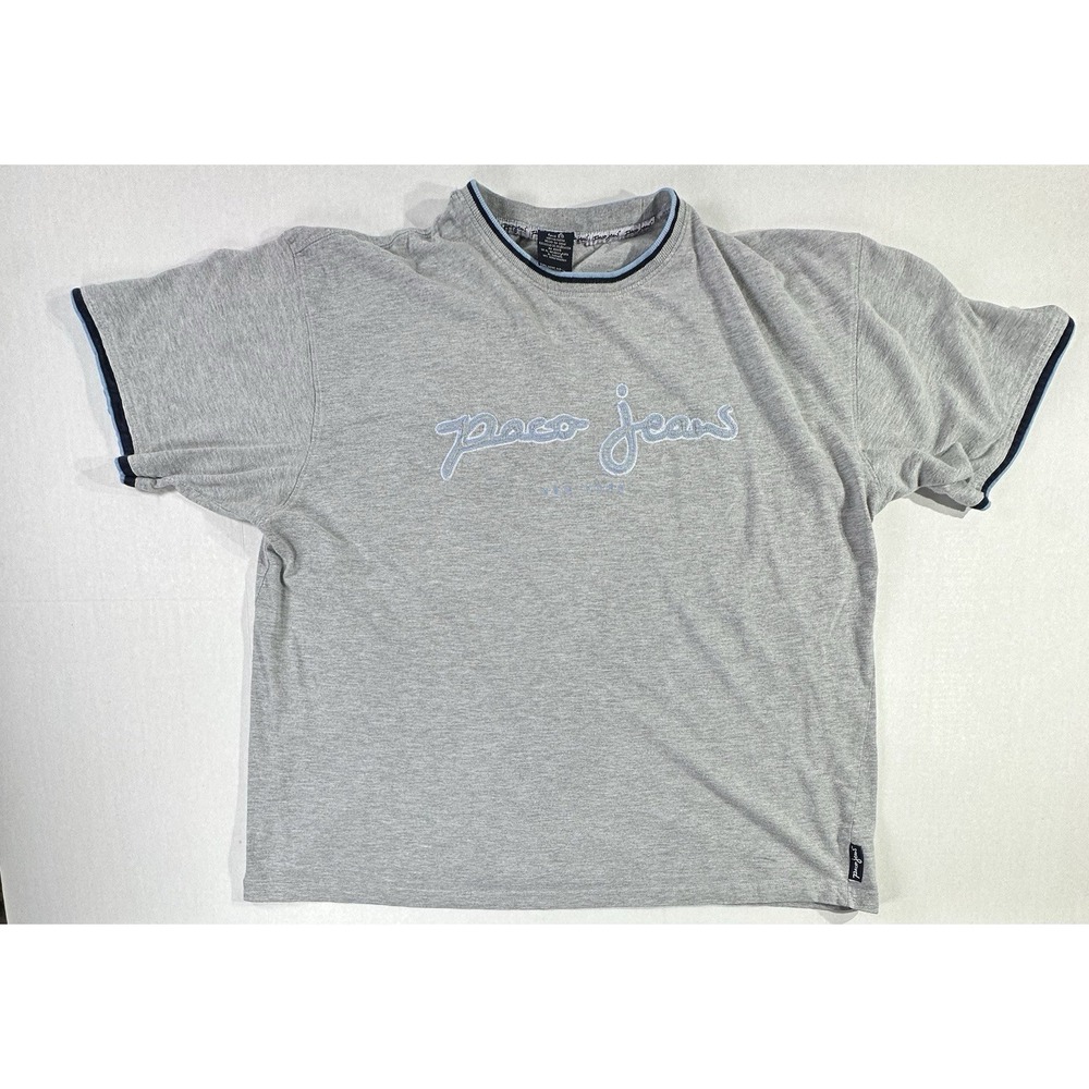Vintage Paco Jeans Embroidered Logo Gray Ringer T-Shirt Blue Trim Size XL